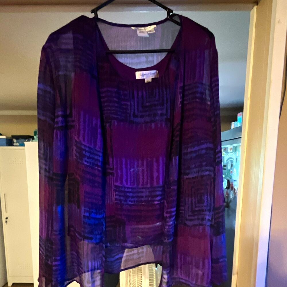 VTG Coldwater Creek 2-Piece Chiffon Sheer Geometric Tank & Shirt Purple/Black L